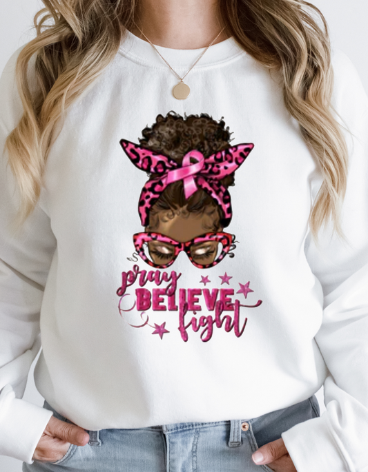 Pray Believe Fight Crewneck Sweatshirt Curly Hair